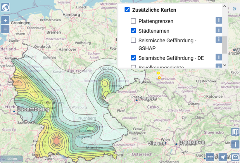 Screenshot einer Karte die Südwestdeutschland und die angrenzenden Staaten zeigt. Man sieht die seismische Gefährdung insbesondere im Raum Reutlingen und Aachen