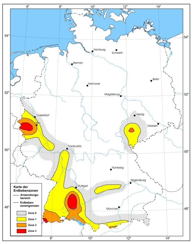 ©DIN Deutsches Institut für Normung e.V.  mit den Konturen der Erdbebenzonen nach Grünthal & Bosse (1996) bzw. Grünthal u.a. (1998